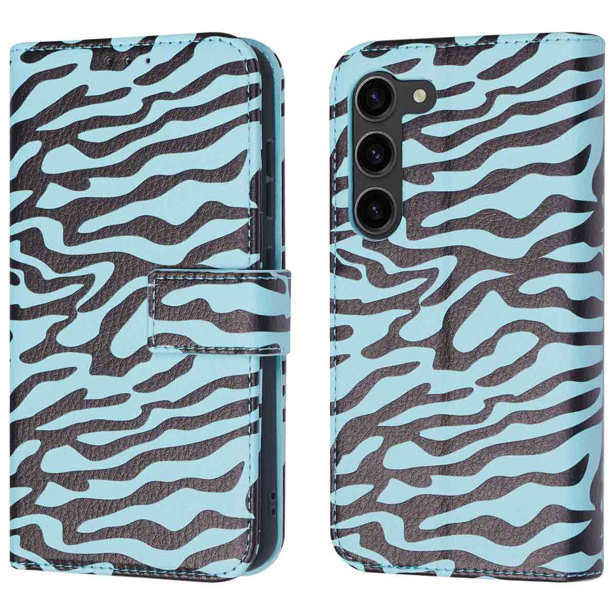 Een telefoonhoesje met een zebrapatroon. De hoes is open en toont een telefoon. De hoes is blauw en zwart.