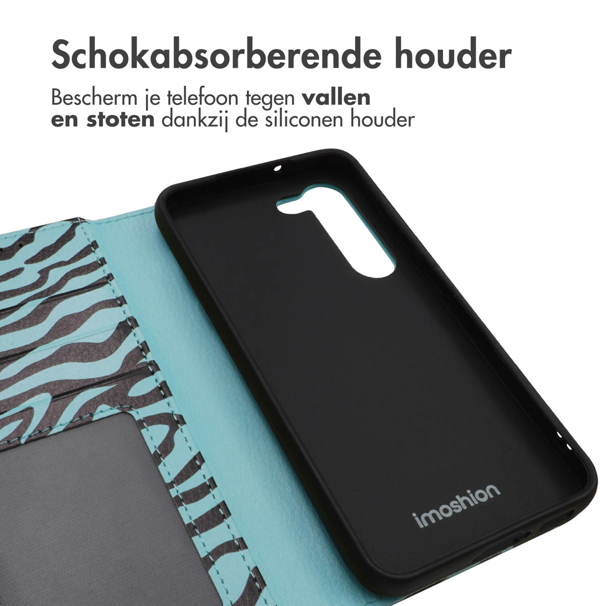 Telefoonhoesje met zebrapatroon, open, met zwarte telefoon. Tekst over schokabsorptie aanwezig.