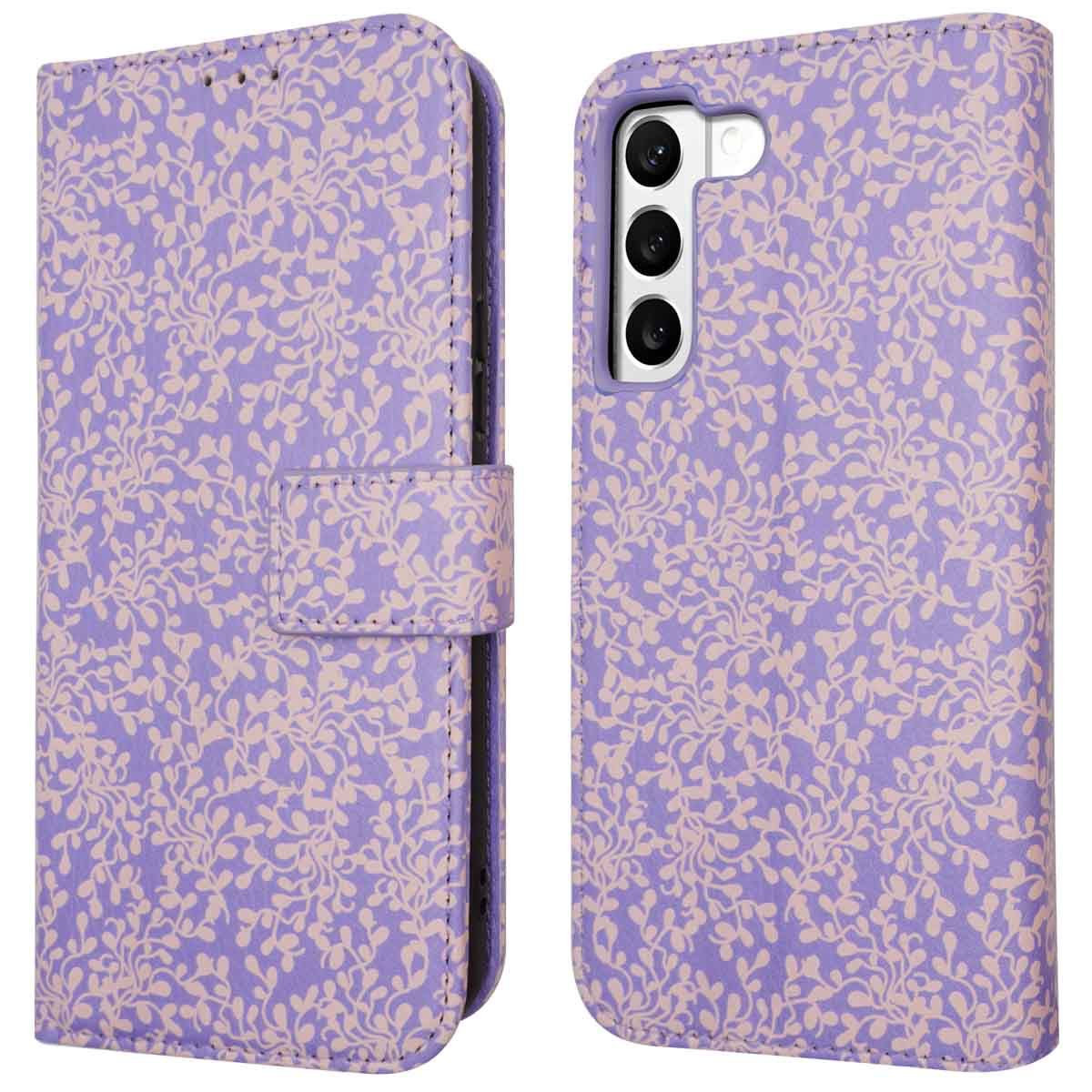 Étui de téléphone violet, ouvert. Motif de feuilles répété. L'étui est ouvert.