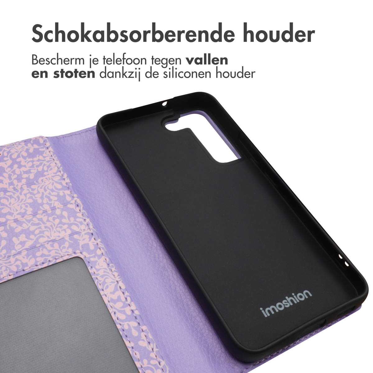 Coque de téléphone noire à l'intérieur d'une coque violette. La coque violette a un motif floral. La coque porte le logo imoshion.