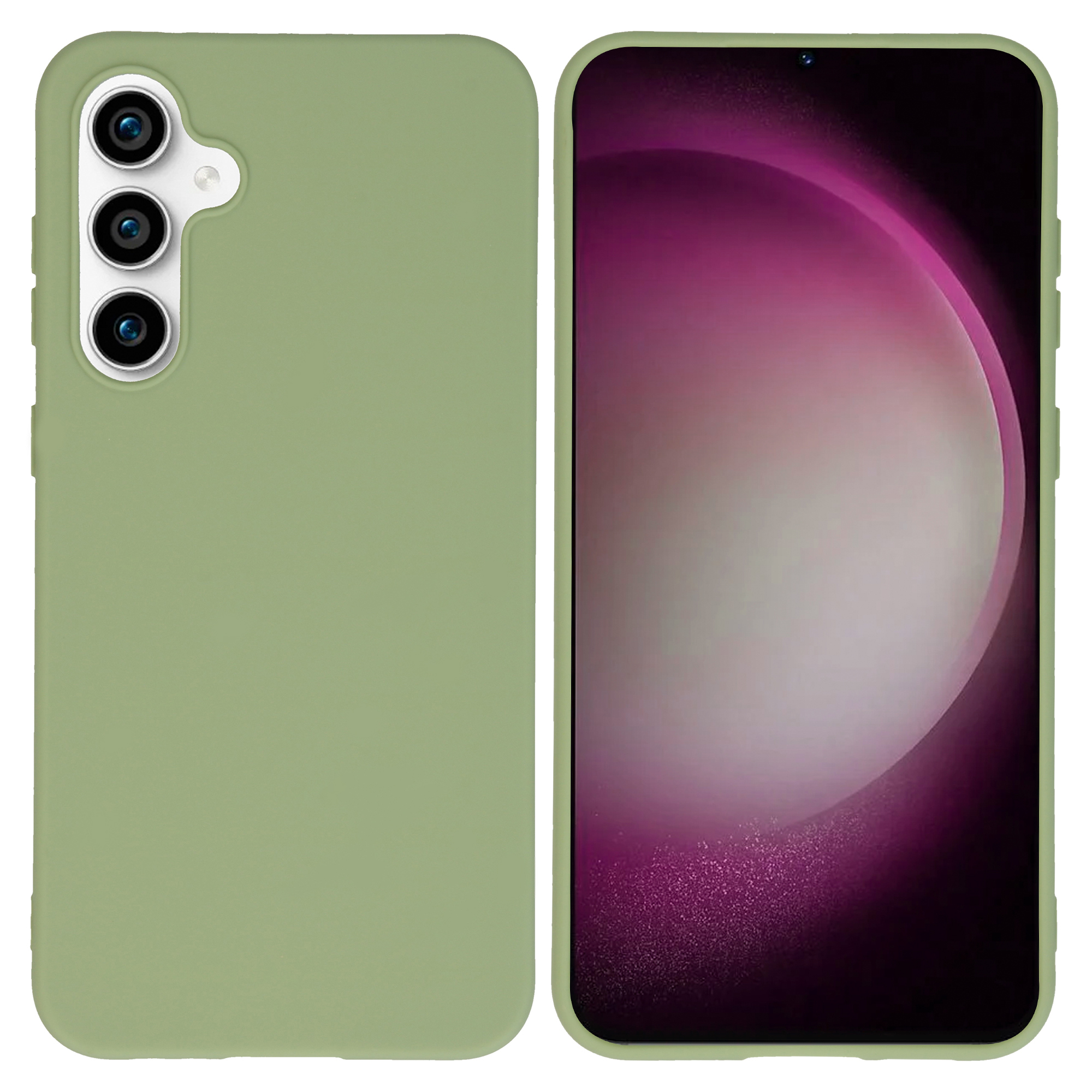 Groene telefoon en groene telefoonhoes. Telefoon rechts. Groene hoes links. Roze achtergrond op het telefoonscherm.