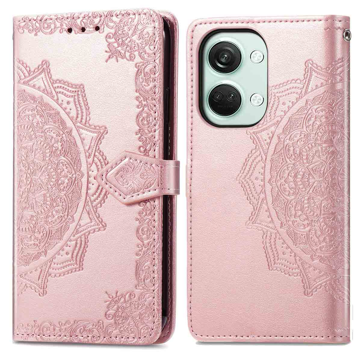 Roze telefoonhoes met mandala ontwerp. Twee delen van de telefoonhoes open. De telefoon is niet zichtbaar.