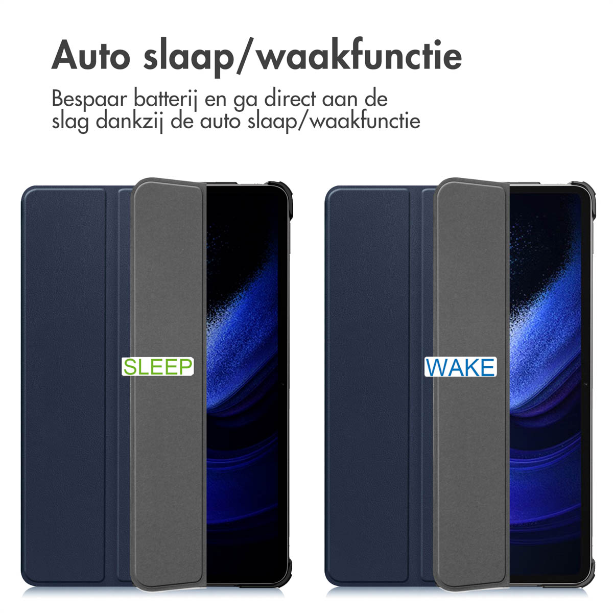 Two phone cases. One marked sleep and the other wake, next to open phone screens.