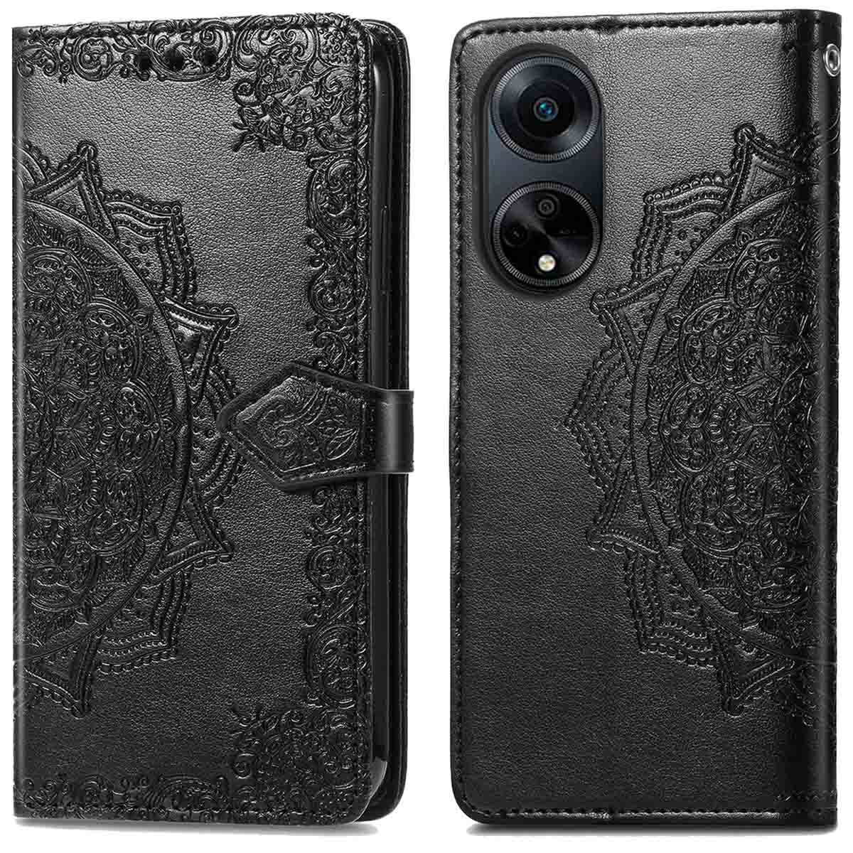 Étui de téléphone en cuir noir, ouvert. Il présente un motif floral en relief.
