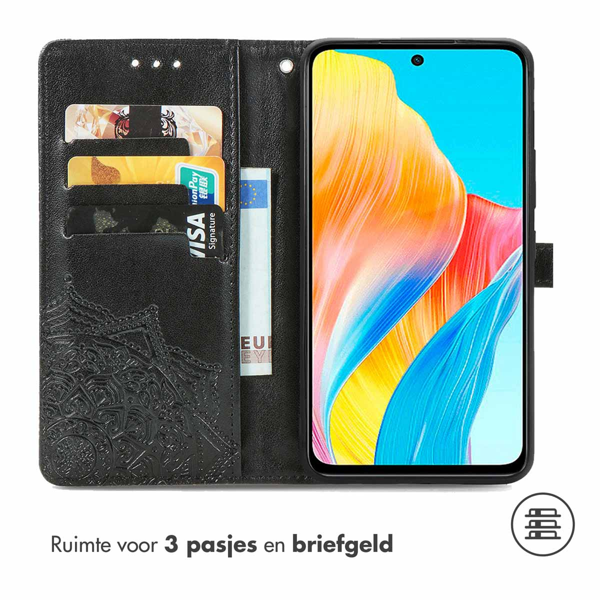 Étui de téléphone noir ouvert, montrant des cartes, de l'argent liquide et un téléphone avec un écran coloré.
