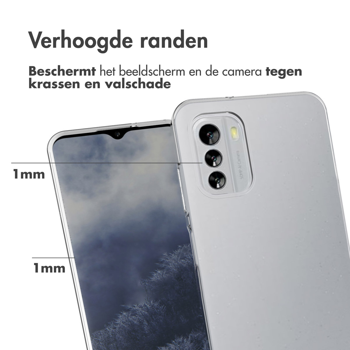 Transparante telefoonhoes met verhoogde randen en een telefoon erin. Tekst die 1 mm hoogte aangeeft.