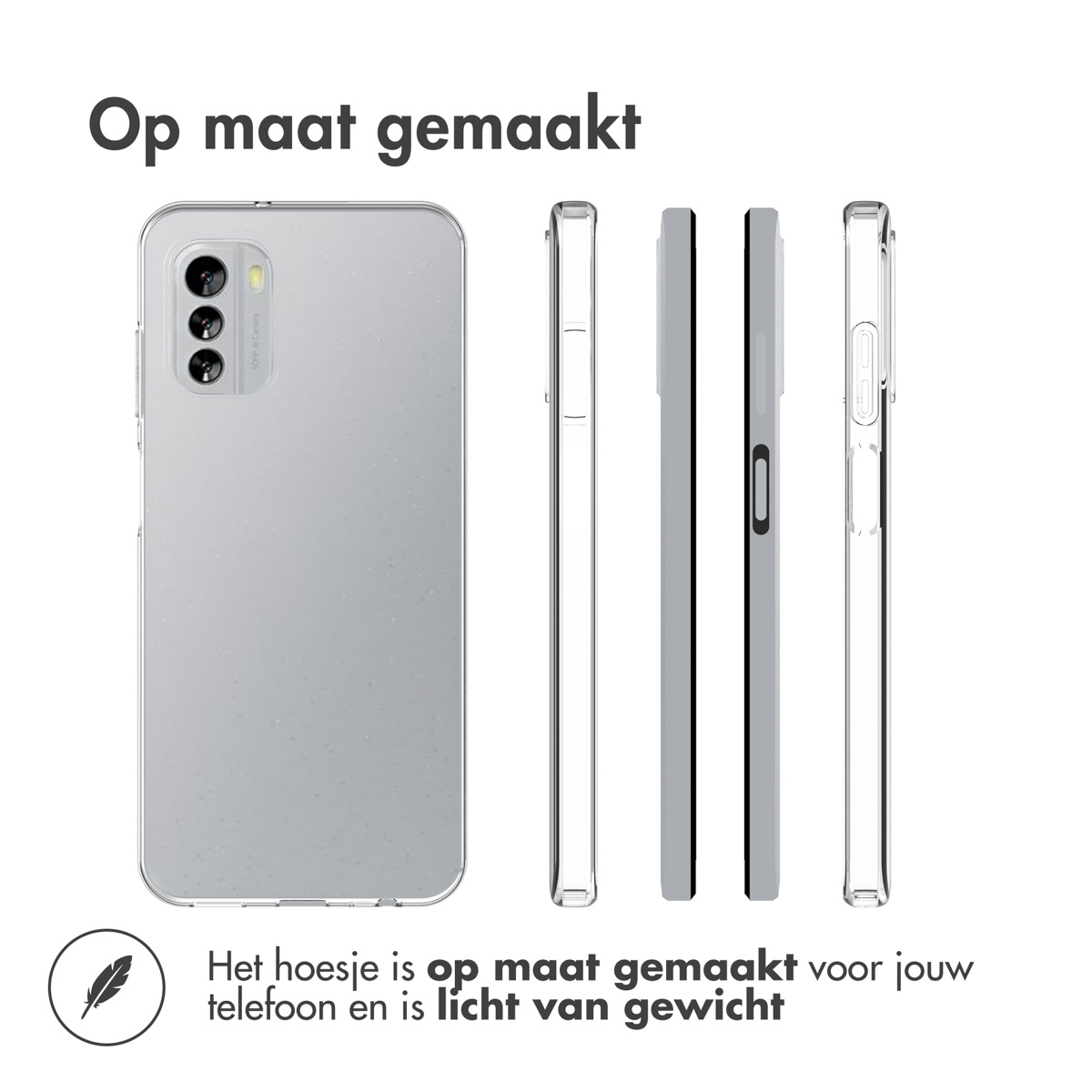 Verschillende aanzichten van een doorzichtige telefoonhoes, profiel.