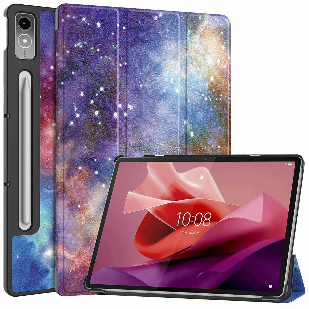 Tablet in hoes. De hoes is paars met een galaxy-design. Een stylus is zichtbaar.