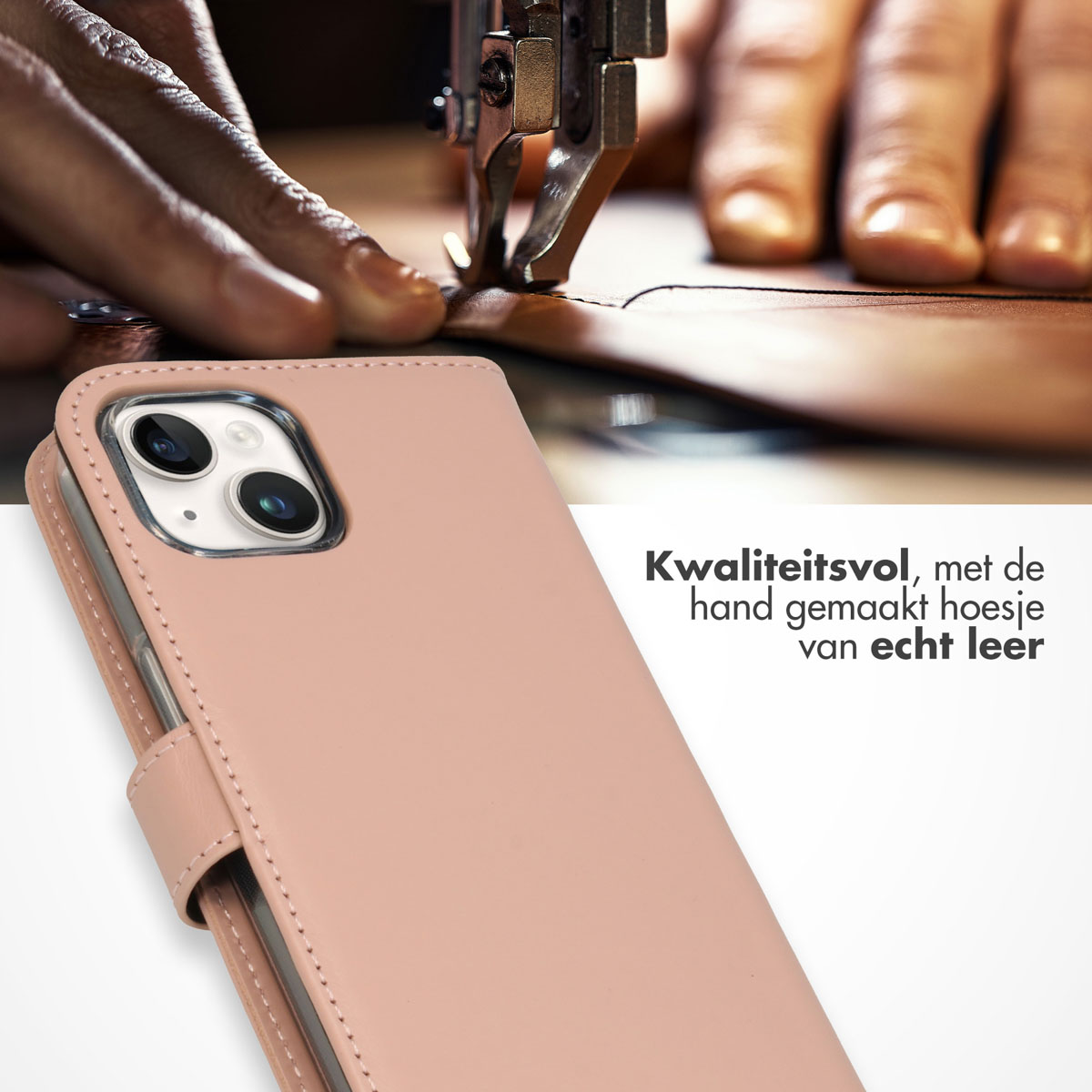 A pink leather phone case is being sewn on a sewing machine. A person is sewing.