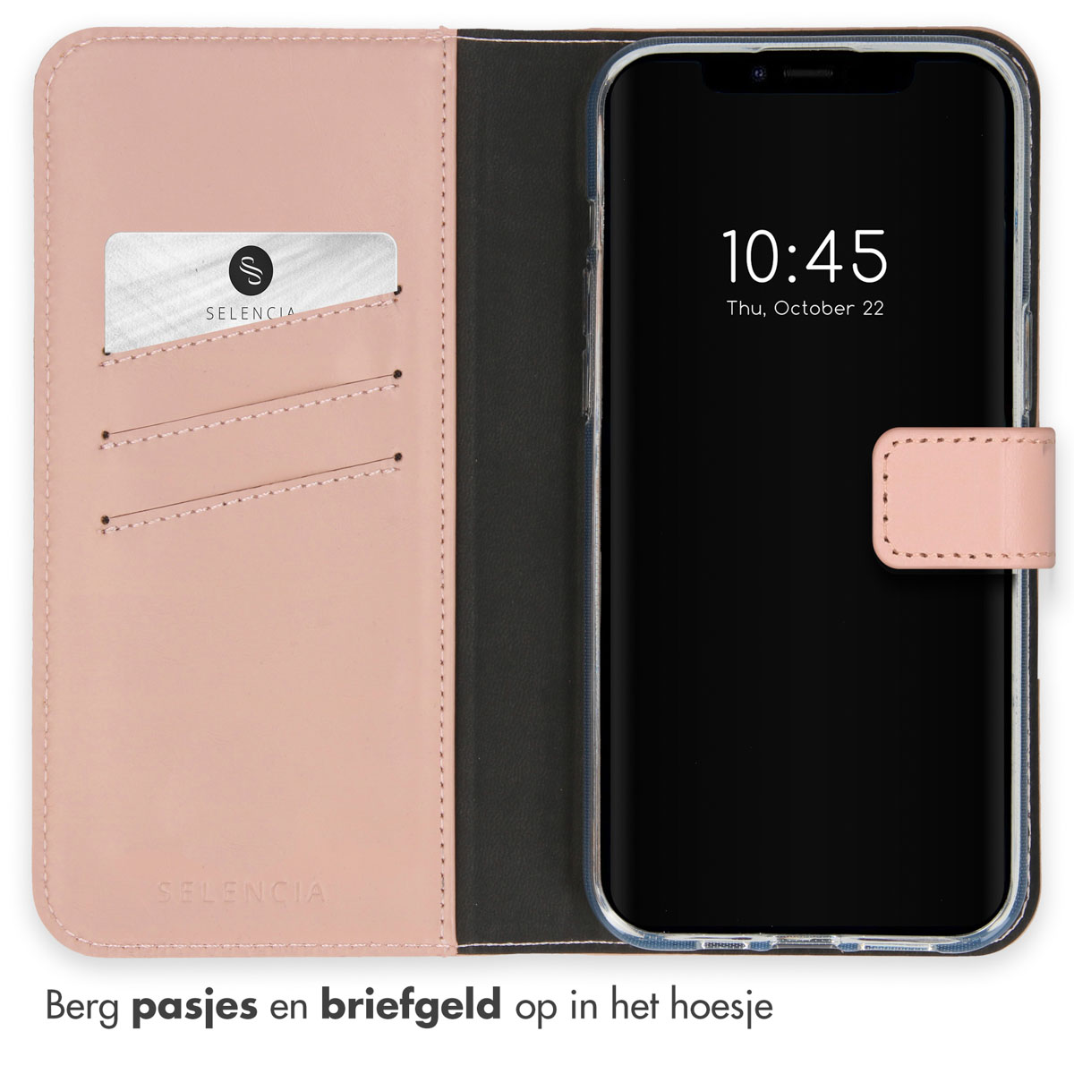 Pink phone case, open. Phone displays time. Inside shows card slots.