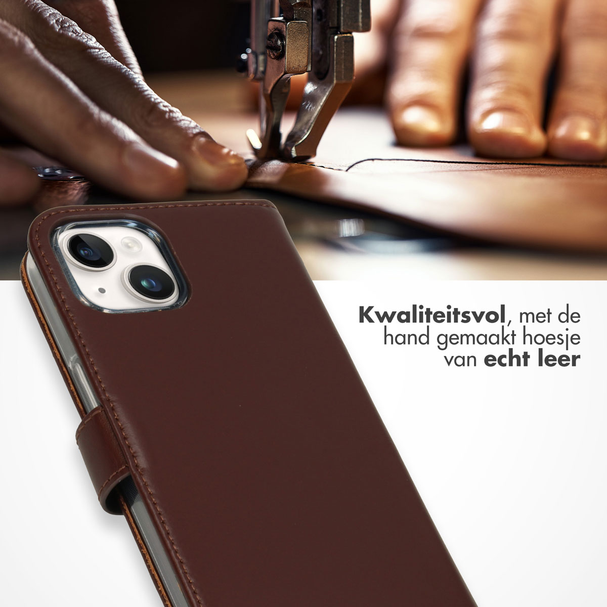 A person sewing a brown phone case. The case is leather and the person is working.
