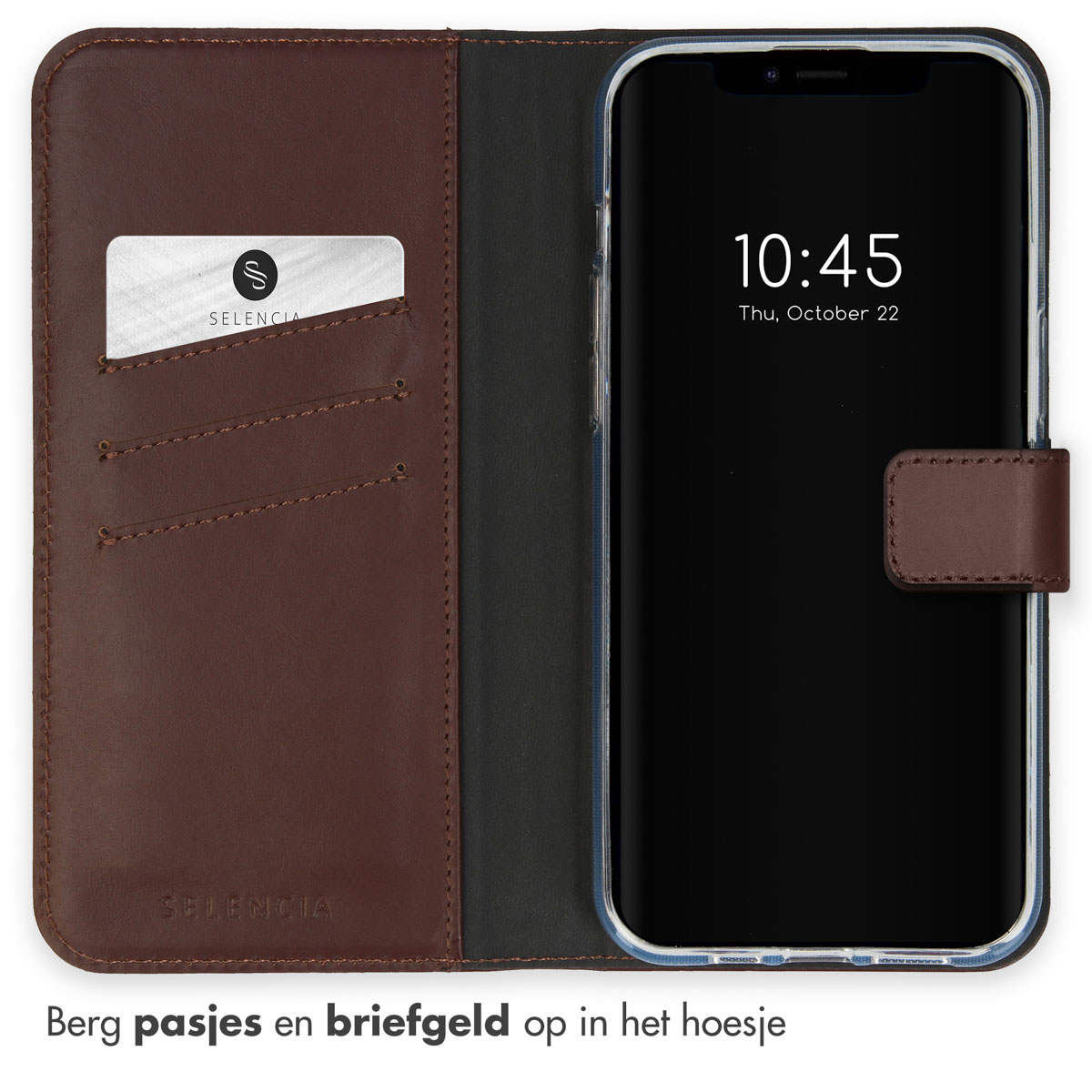 A brown leather phone case with card slots and a phone displaying the time.