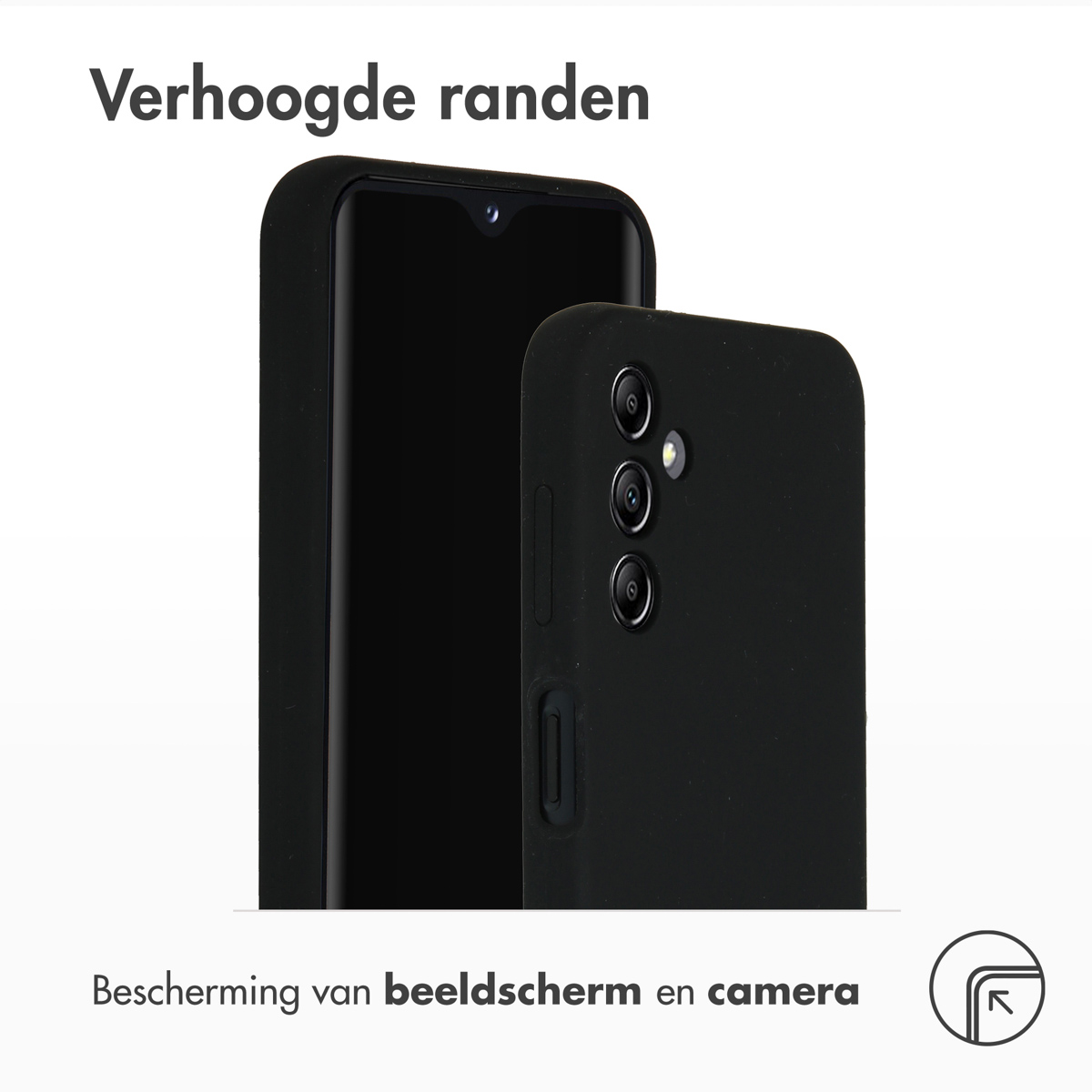 Twee telefoons, één in een zwarte hoes. De hoes heeft verhoogde randen. Zwart scherm van de telefoon.