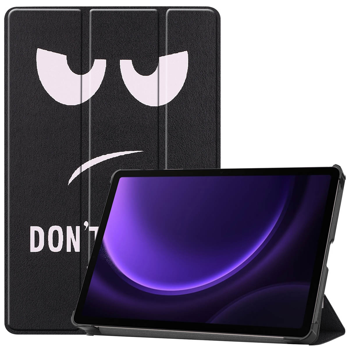 Zwarte tablethoes met gezichtsontwerp met DON'T. Tablet binnenin, scherm zichtbaar.