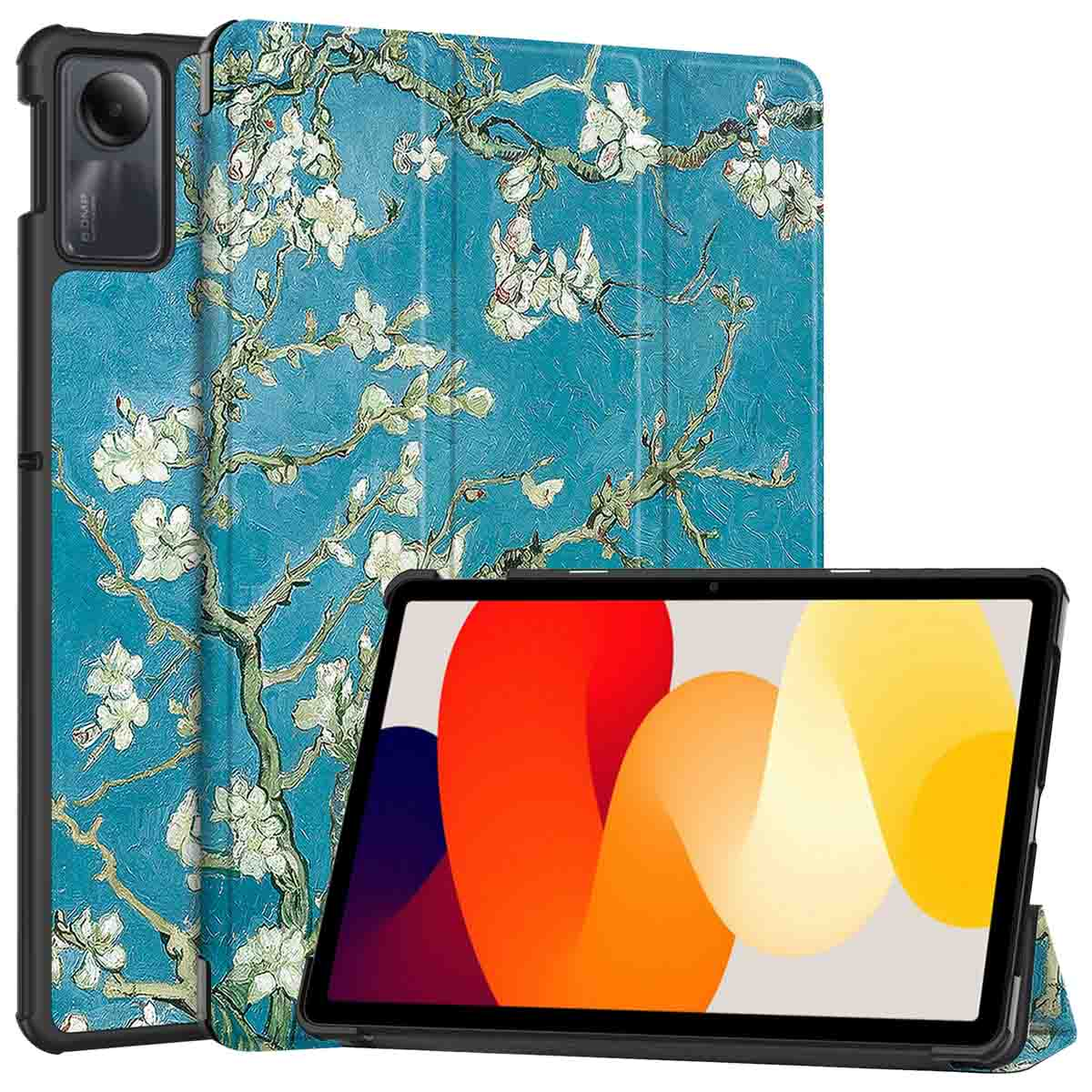 Tablet in a case with a floral art design on the back.