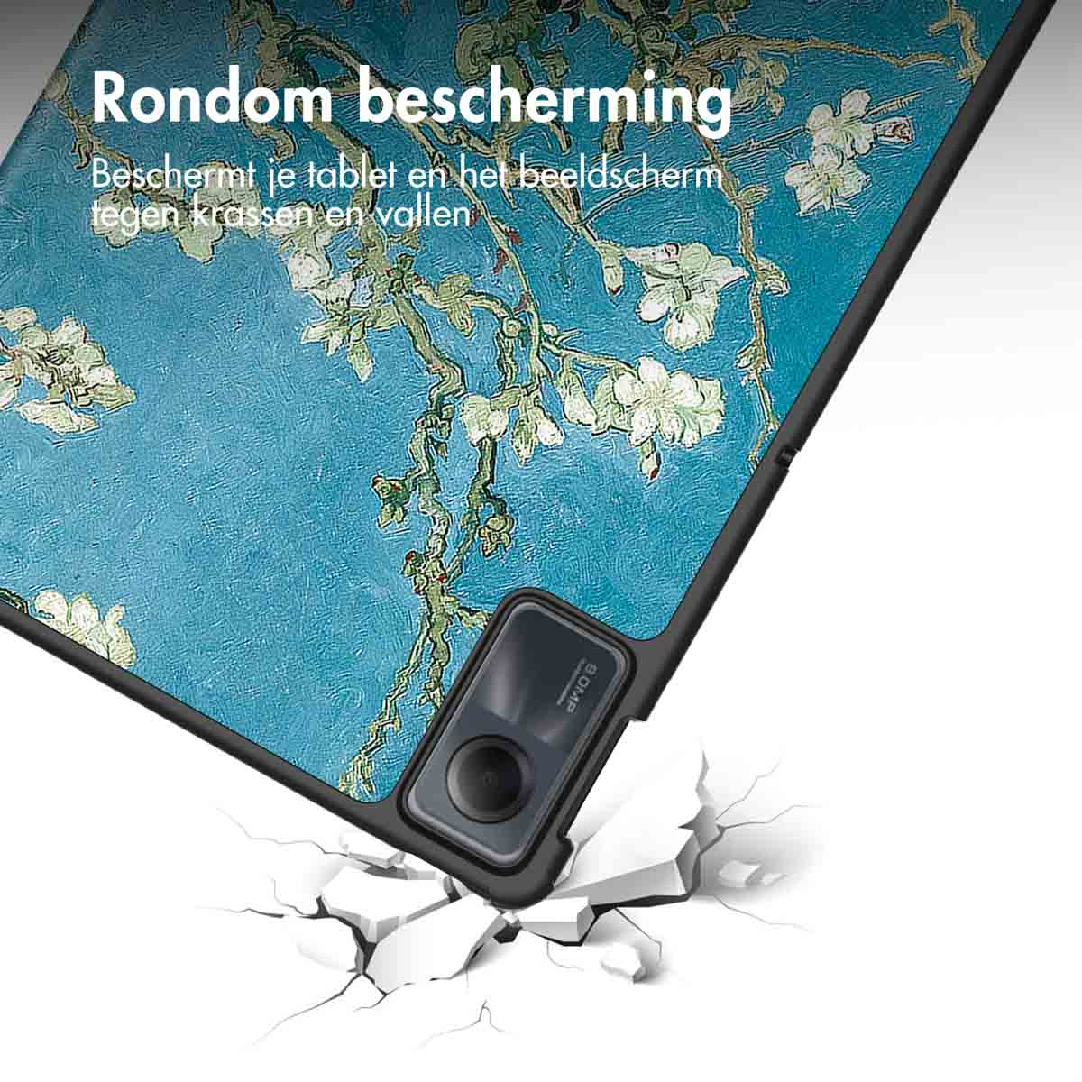 Tablet with a case, artistic design. Background is blue with white flowers.