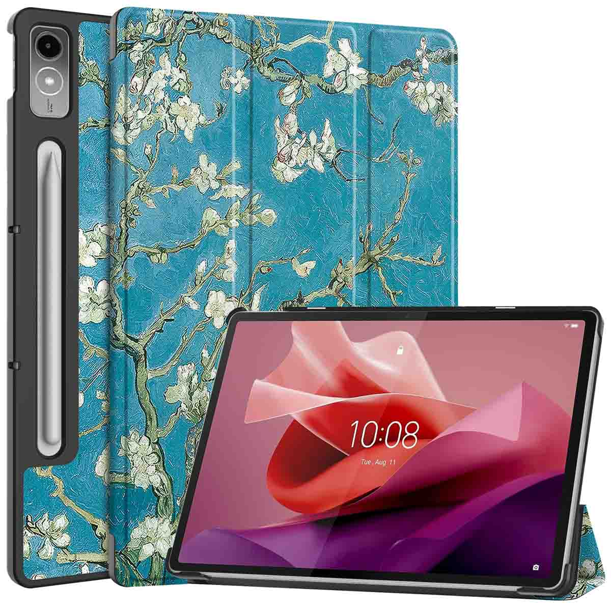 Tablet in een hoesje met bloemen, open. Scherm zichtbaar.