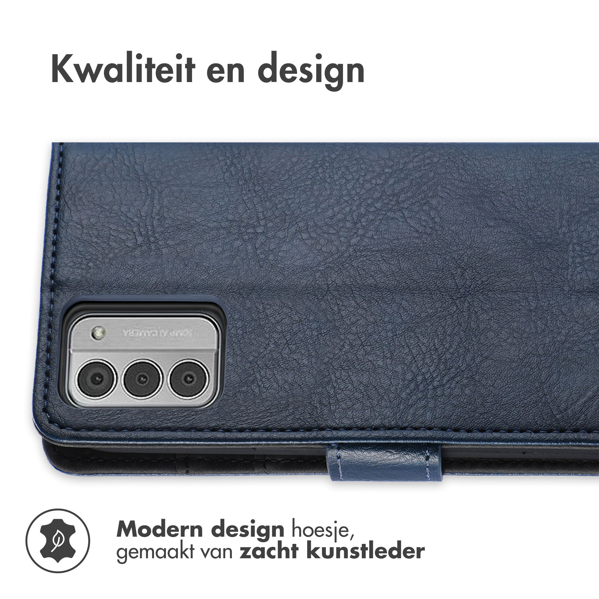 Blauw telefoonhoes detail. Het is gemaakt van zacht kunstleer.