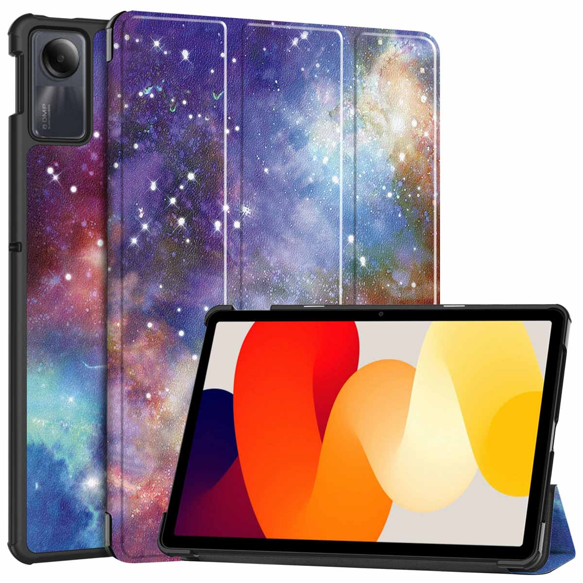 Tablet in a case with a galaxy design. Case is open and tablet is standing.