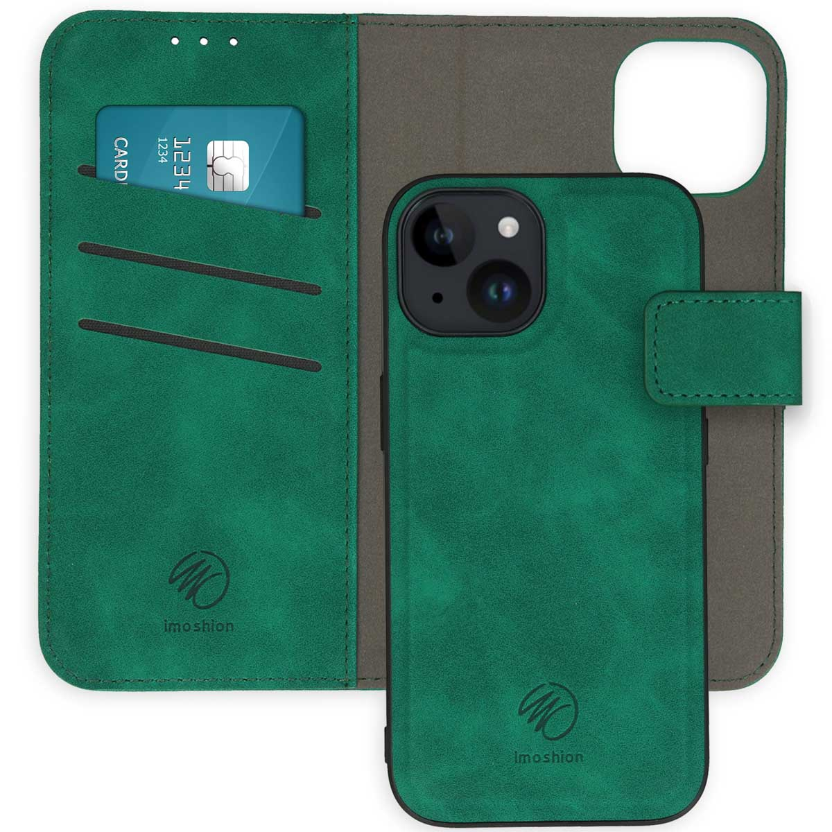 Green phone case, open, with a card inside. Phone is in the case. Card is visible.