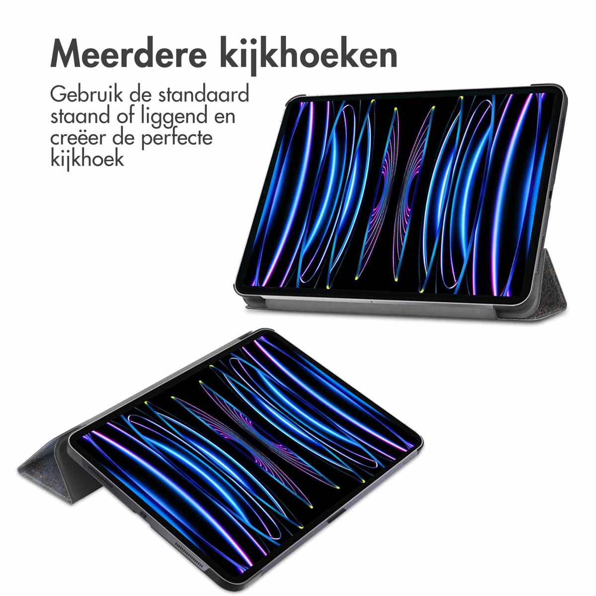 Black tablet case with tablet in two different positions, displaying a gradient of blue and purple.