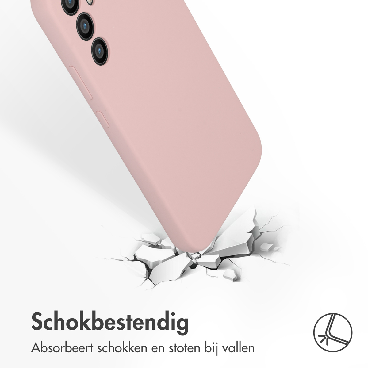 Coque de téléphone rose tombant sur une surface, la fissurant. L'étui est visible.