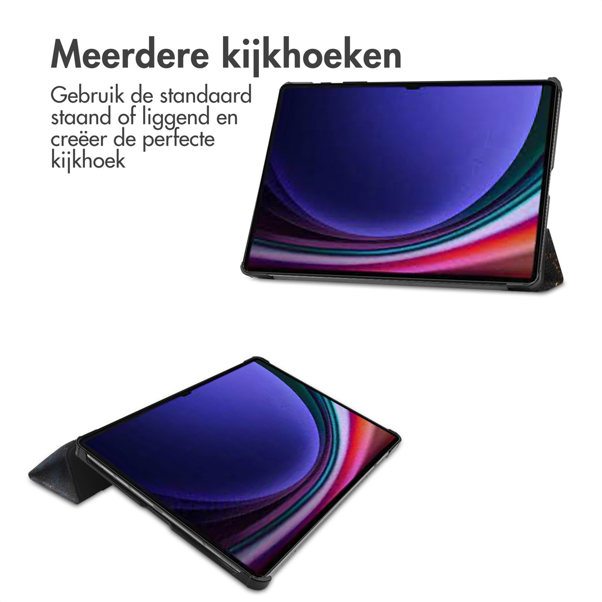 Twee tablets met een hoes, die verschillende kijkhoeken tonen. De schermen tonen paarse en rode kleuren.