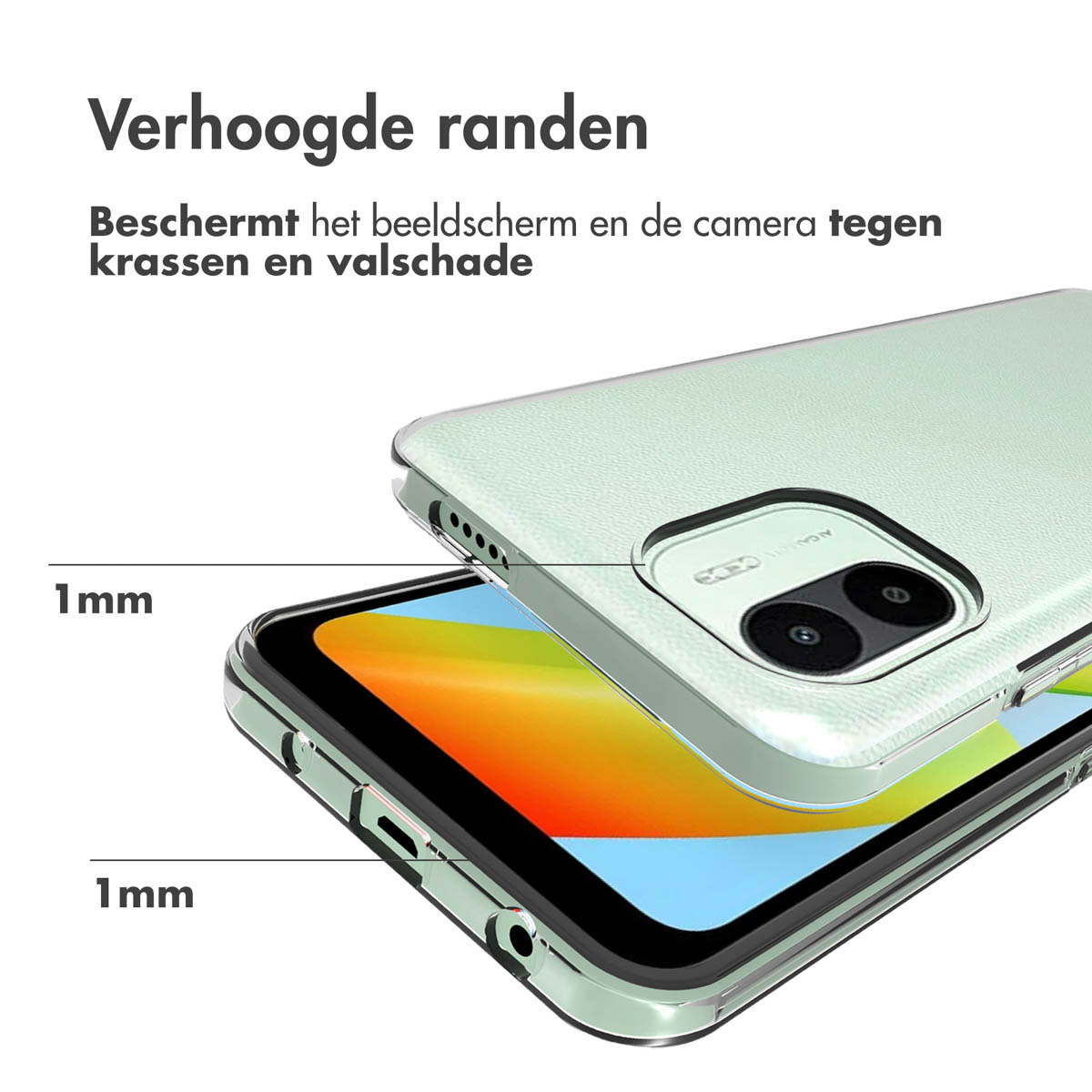 Custodia per telefono verde con un telefono all'interno. Dettagli bordi trasparenti, con bordi rialzati di 1 mm. Il telefono ha un display giallo.