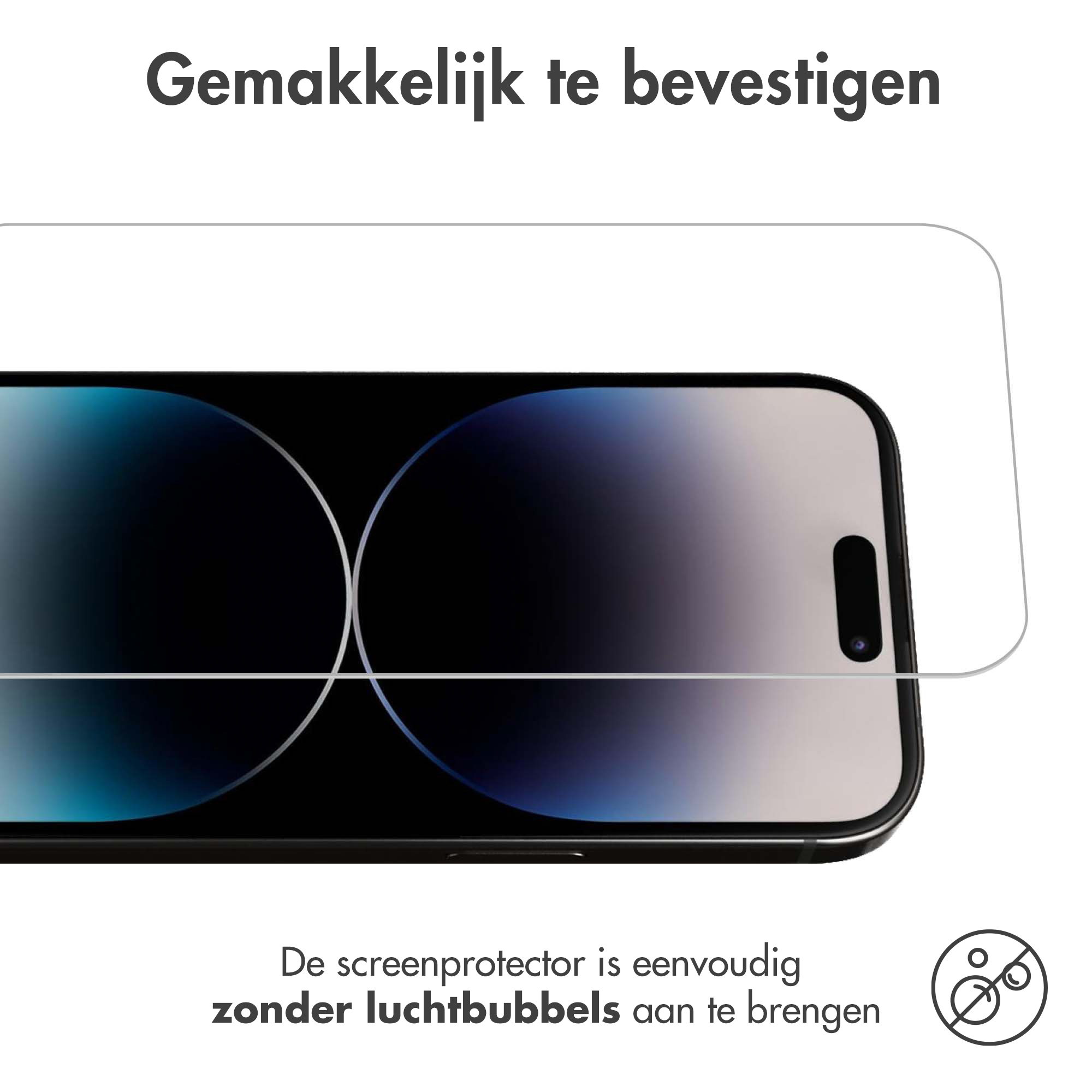 Een telefoon met een schermbeschermer en tekst. De beschermer is helder en gemakkelijk aan te brengen.