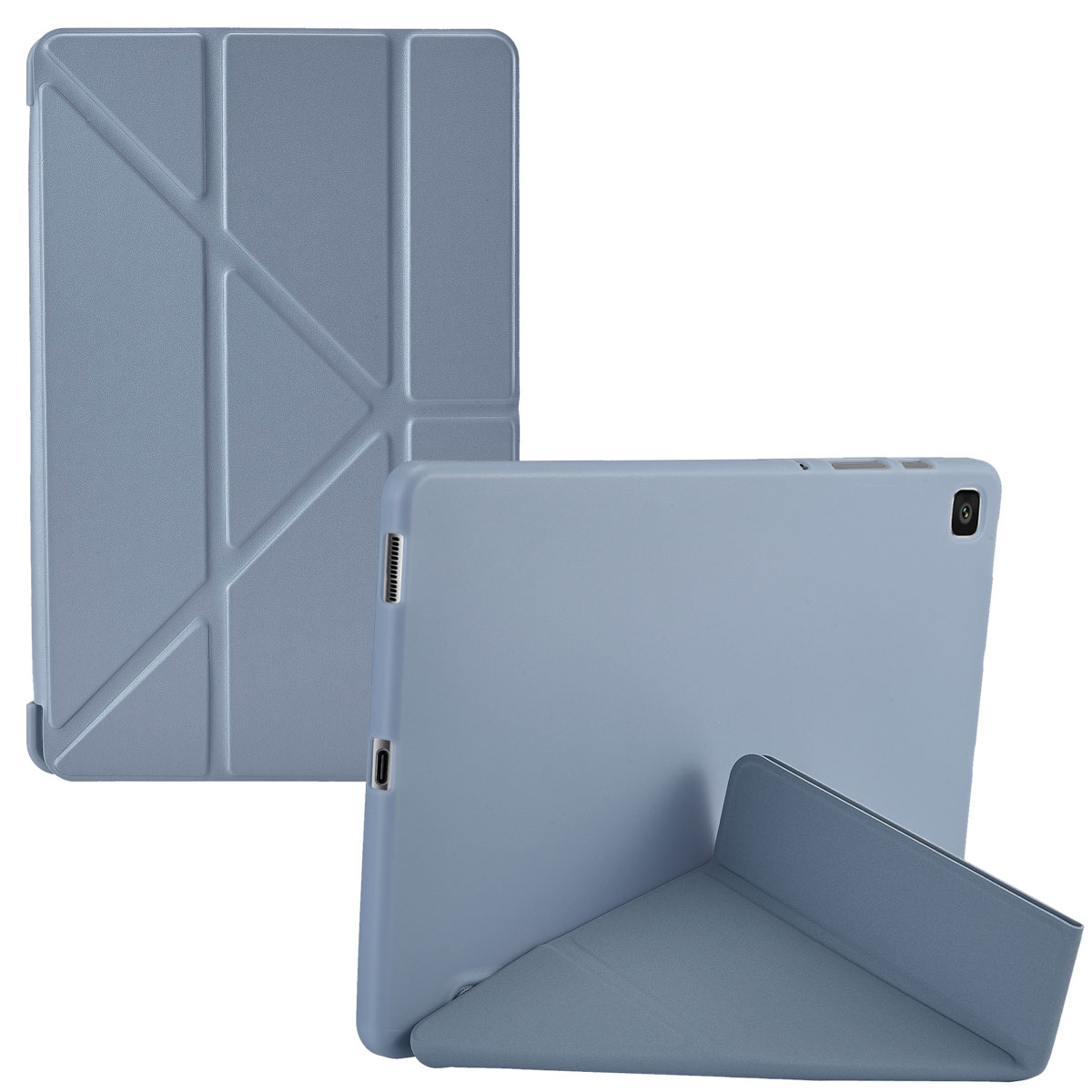 Light blue tablet case, open, showing tablet inside.  Case has geometric design.  Tablet is propped up.