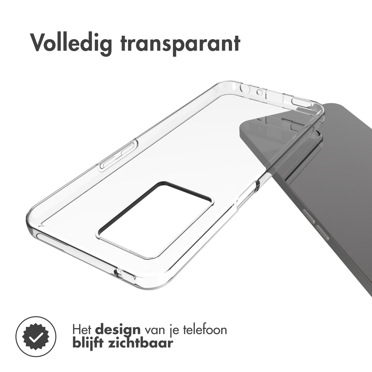 Una custodia trasparente per telefono accanto a un telefono. La custodia è trasparente, con design visibile.
