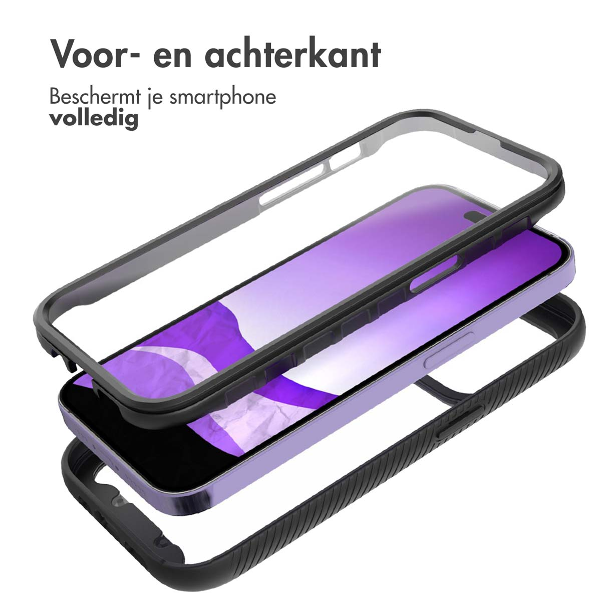 Strati della custodia del telefono. Cornice trasparente, telefono viola e cornice nera.