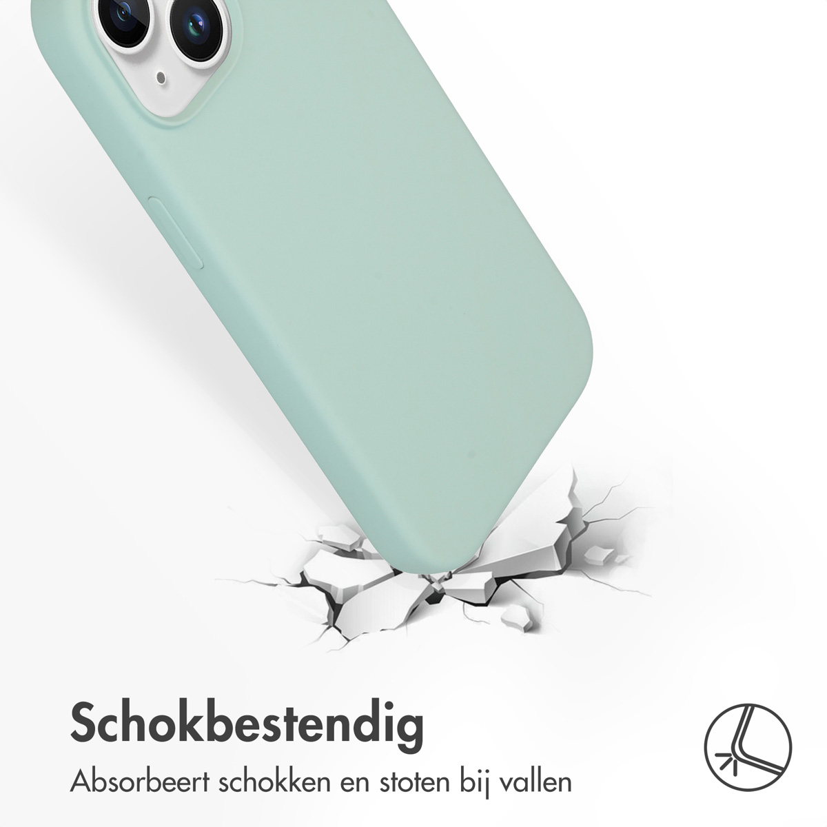 Mintgroene telefoonhoes valt op een oppervlak en breekt het. De hoes is zichtbaar.