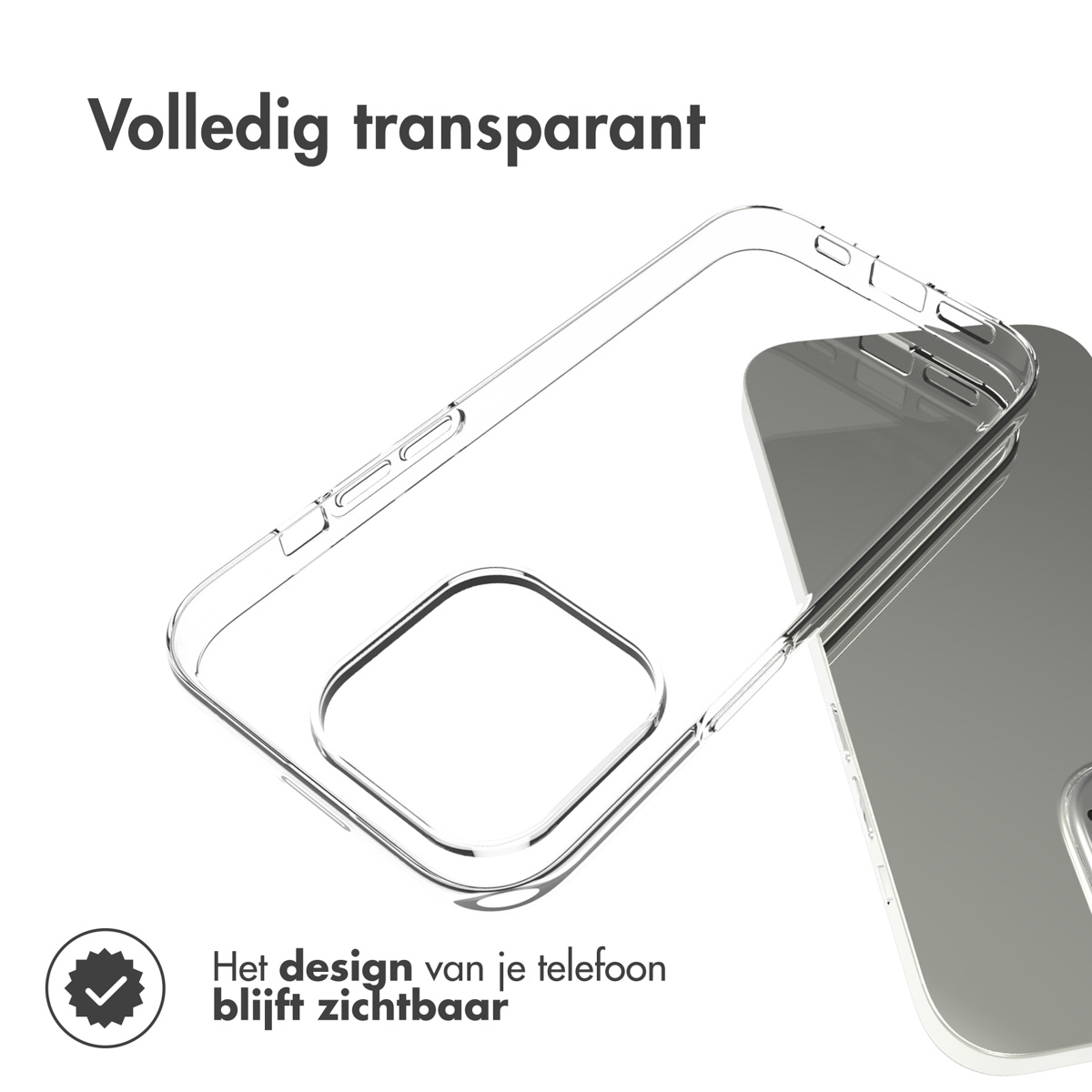 Custodia trasparente per telefono su un telefono. Il testo dice: Il design del tuo telefono rimane visibile.