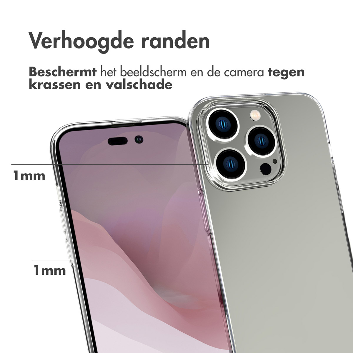 Telefoonhoes beschermt scherm en camera. De hoes heeft verhoogde randen.