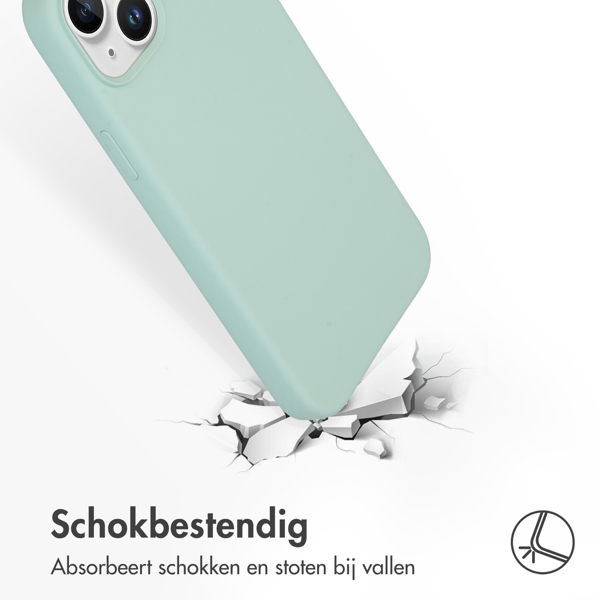 Een mintgroene telefoonhoes, die een gebroken oppervlak met scheuren aanraakt.