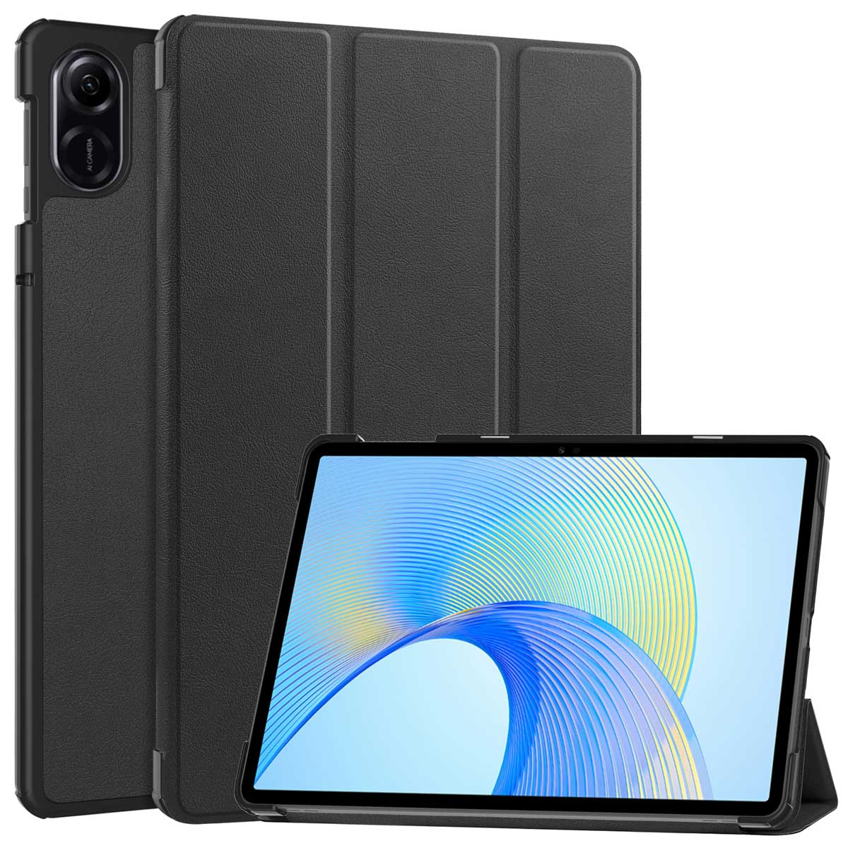 Zwarte tablethoes en tablet. De tablet staat op de standaard en heeft een kleurrijk scherm.