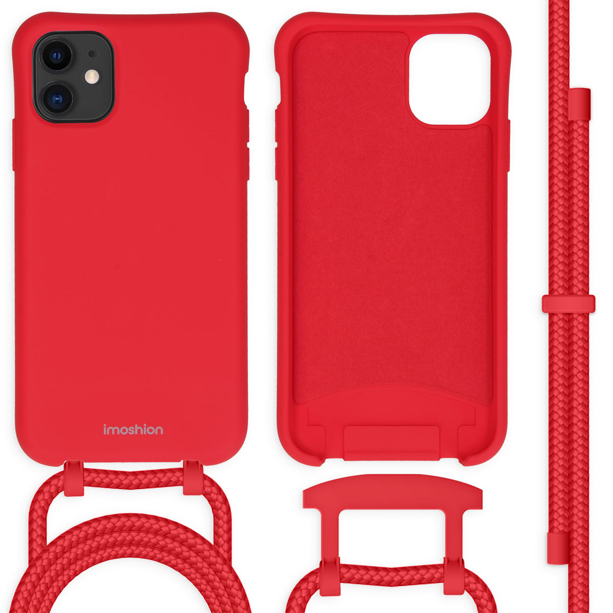 Rode telefoonhoes, twee aanzichten. De telefoonhoes is rood met een rood koord en een telefoon.