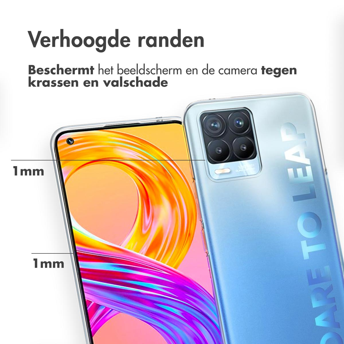 Telefono con custodia blu e argento. Telefono a sinistra. Testo: Protegge lo schermo e la fotocamera dai graffi.