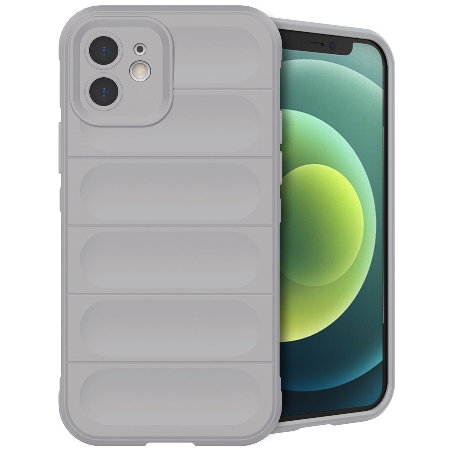 Grijze telefoonhoes met een telefoon erin. Telefoonscherm is zichtbaar. Hoesje heeft lijnen.