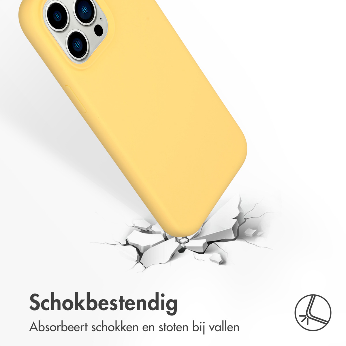 Coque de téléphone jaune, frappant une surface. La surface présente des fissures.