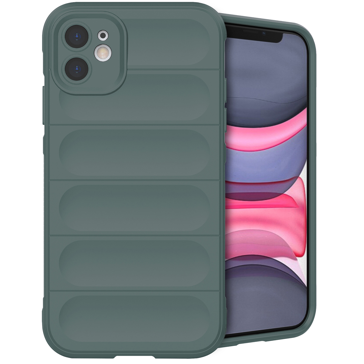 Coque de téléphone vert foncé avec un design robuste. La coque a des lignes horizontales.