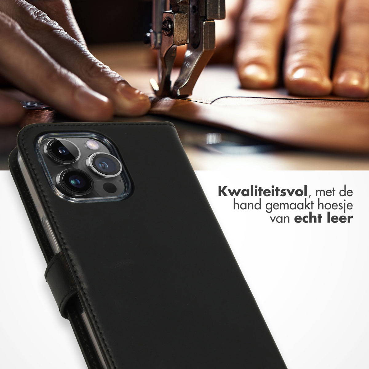 Un étui de téléphone avec des coutures et un fermoir. Une main coud du cuir. L'étui est noir et en cuir.