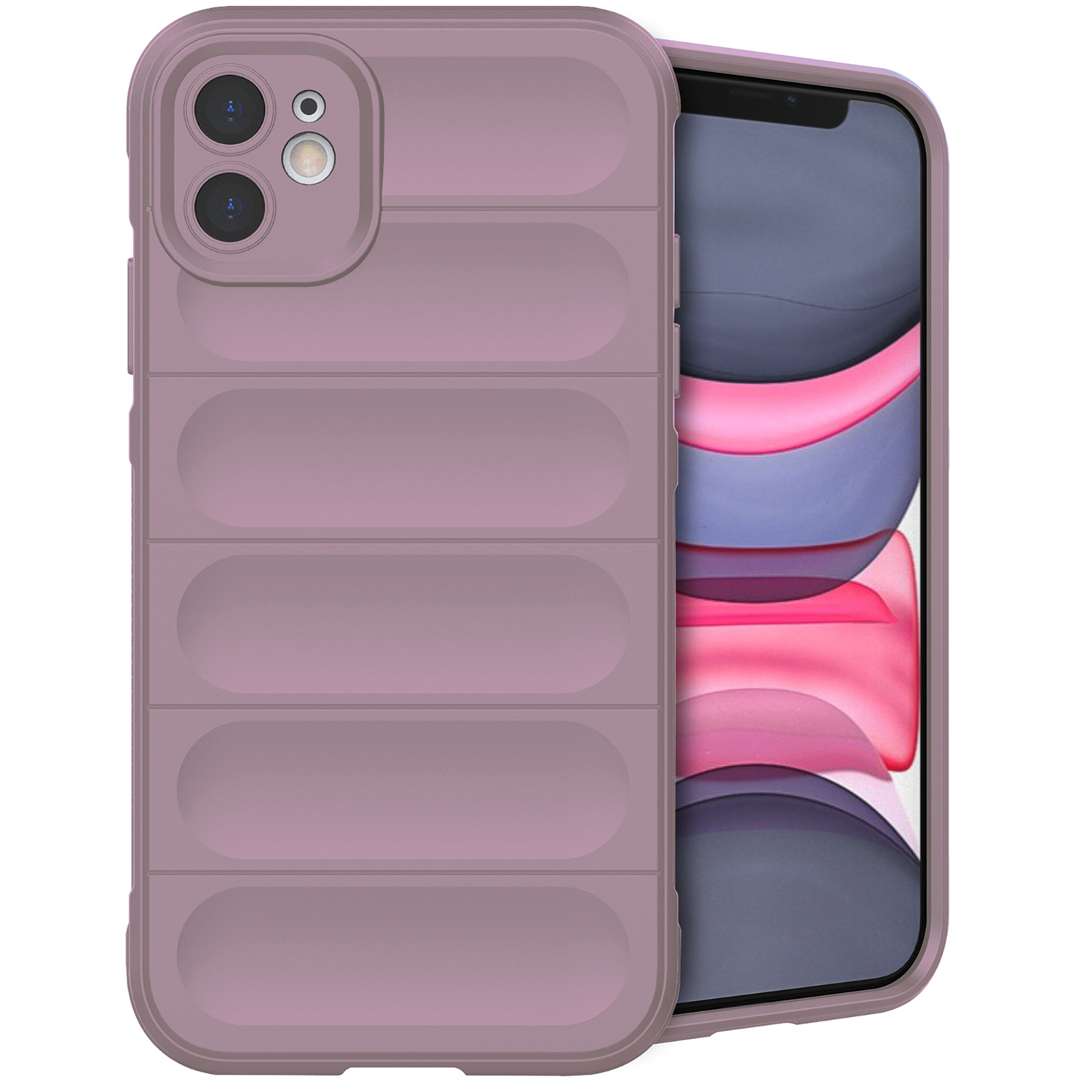 Coque de téléphone violette sur le téléphone, avec un téléphone gris-violet à l'intérieur. La coque a des rainures horizontales.