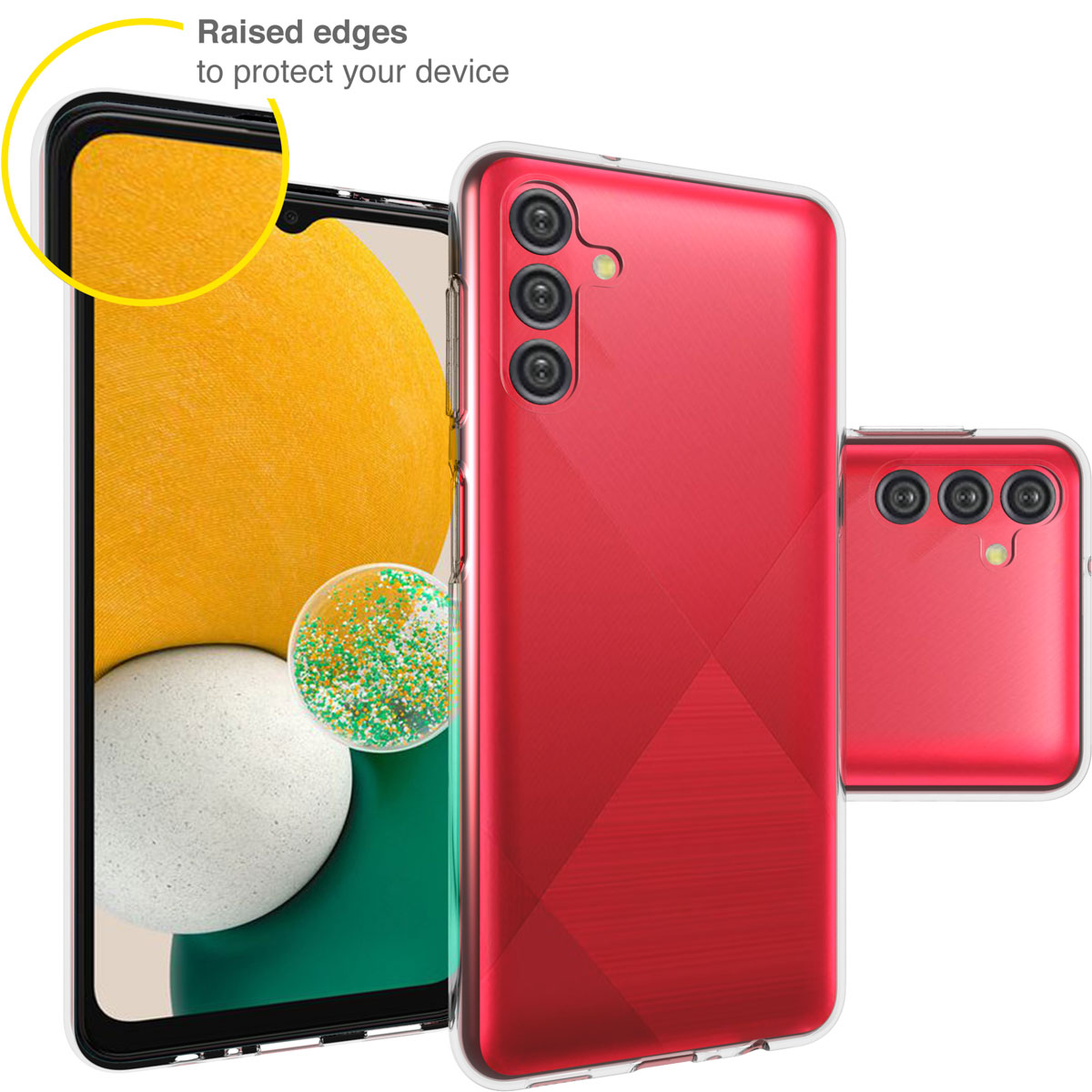 Rode telefoonhoes met telefoon erin. Hoes beschermt de telefoon en heeft verhoogde randen. Gele cirkel markeert de randen.