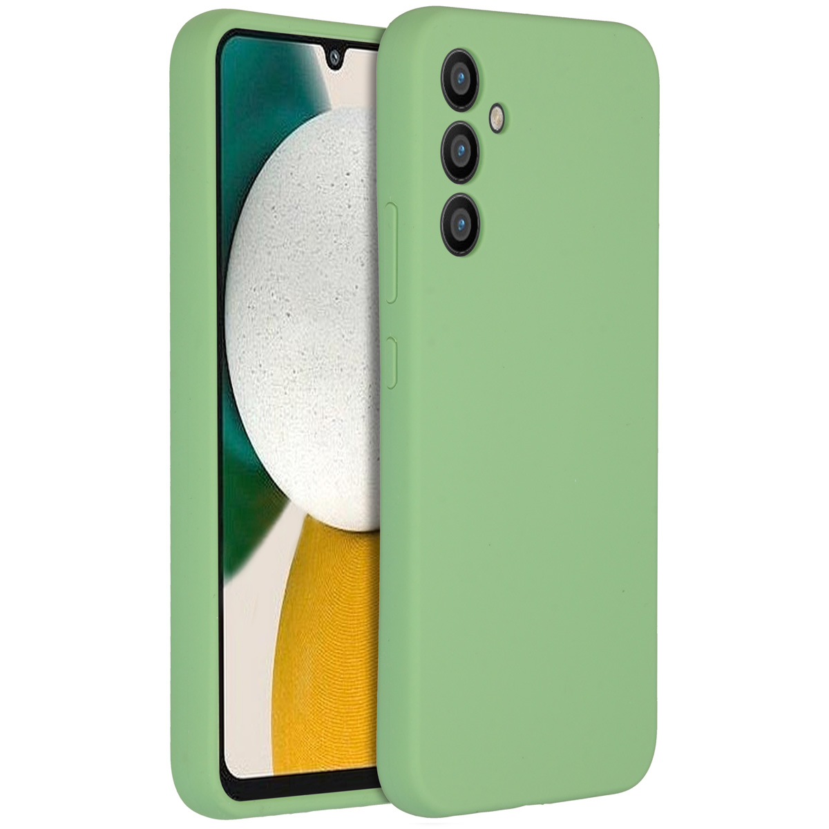 Groen telefoonhoesje met een telefoon erin. De telefoon heeft een zwart scherm en cameralenzen.