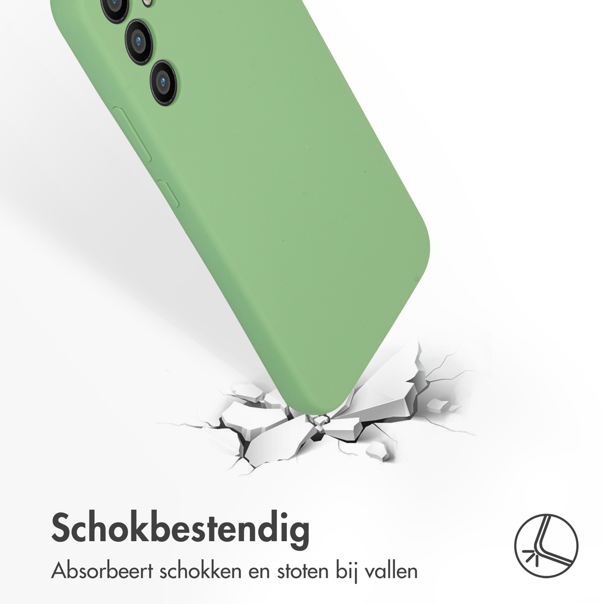 Groene telefoonhoes raakt een oppervlak. De hoes is schokbestendig, absorbeert schokken.