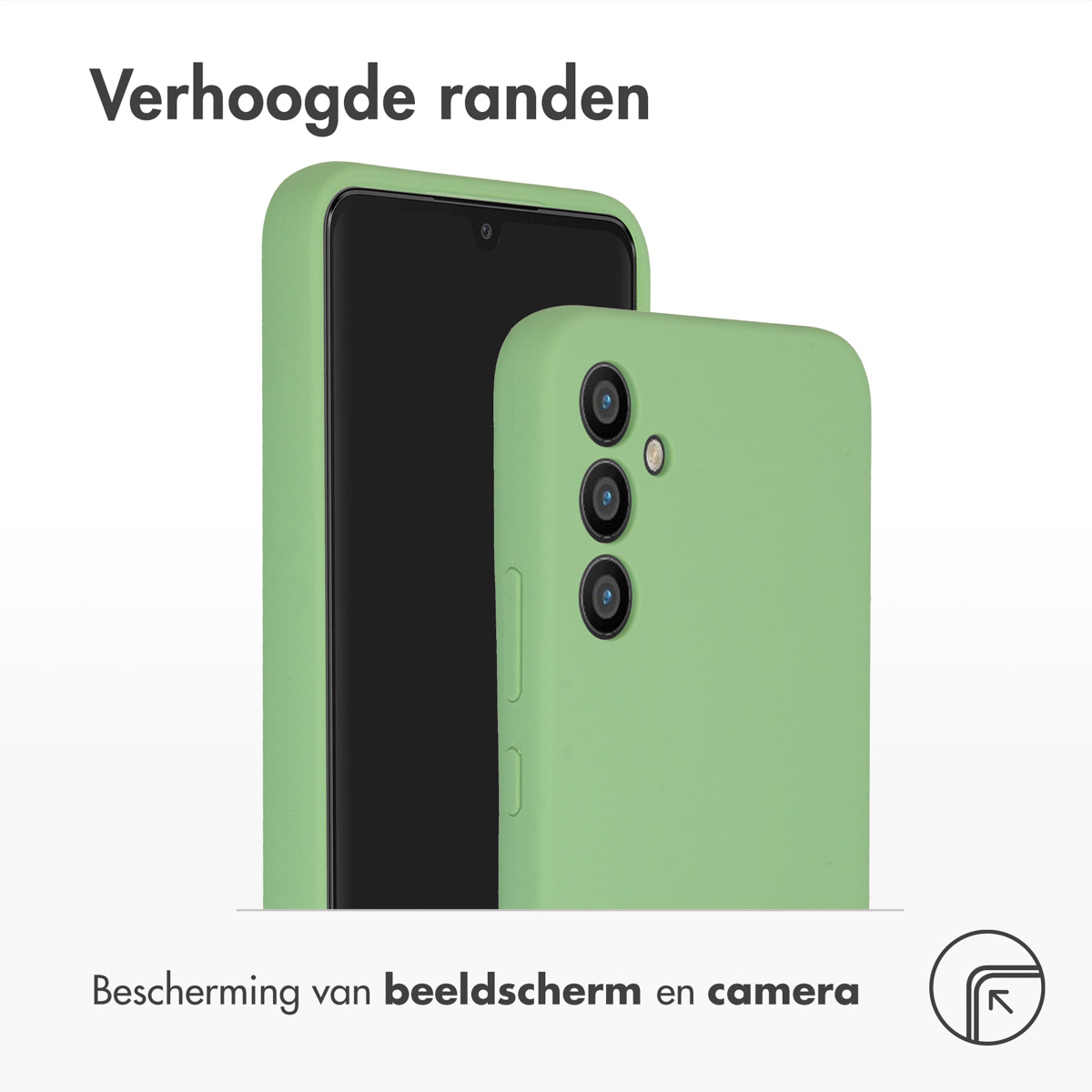 Een groene telefoonhoes met een telefoon erin, die de camera laat zien.
