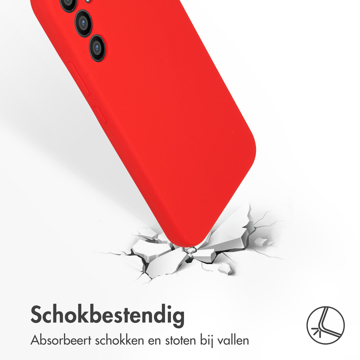 Rood telefoonhoesje met een impactillustratie. De telefoon ligt op de grond.