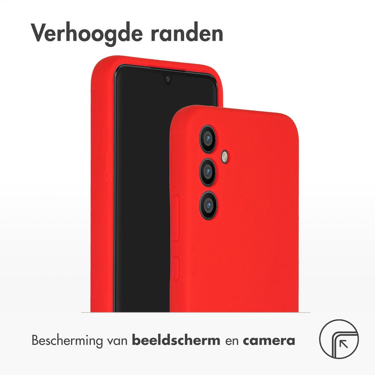 Twee rode telefoonhoesjes. Eén bedekt de telefoon, de andere toont het scherm.
